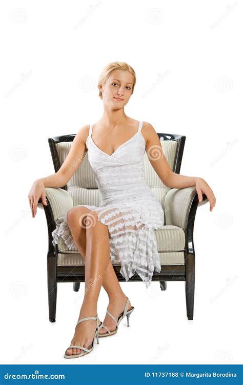 young woman sitting  chair stock photo image  fashion glamour