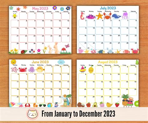 editable  calendars cute monthly calendar  kids etsy