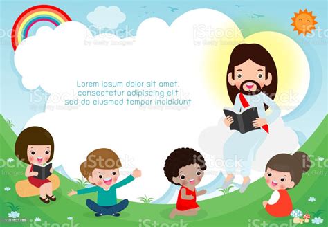 Ilustración De Jesucristo Leyendo La Biblia Con Los Niños Jesús