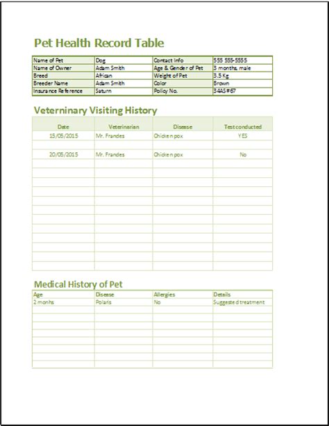sample pet health record form printable medical forms letters sheets
