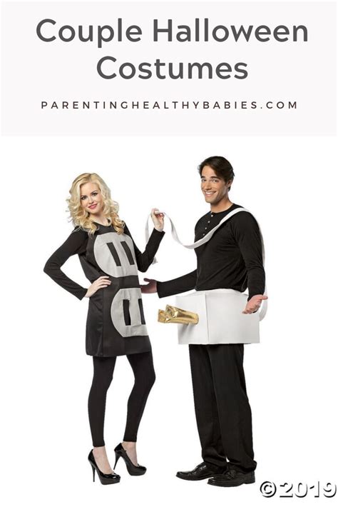 a man and woman dressed up in halloween costumes with text overlay that