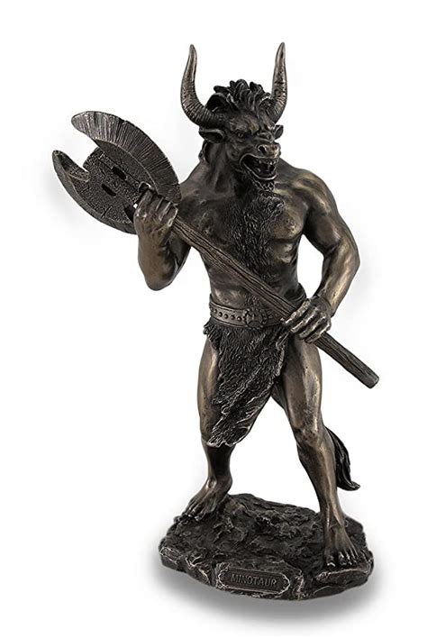 bronze finished minotaur with labrys statue greek mythology