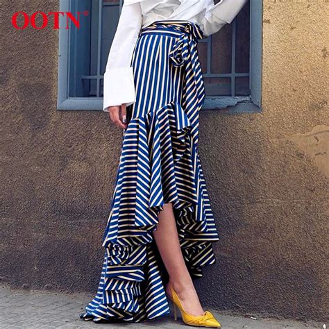 ootn blue white striped long skirt women summer high waist boho skirts
