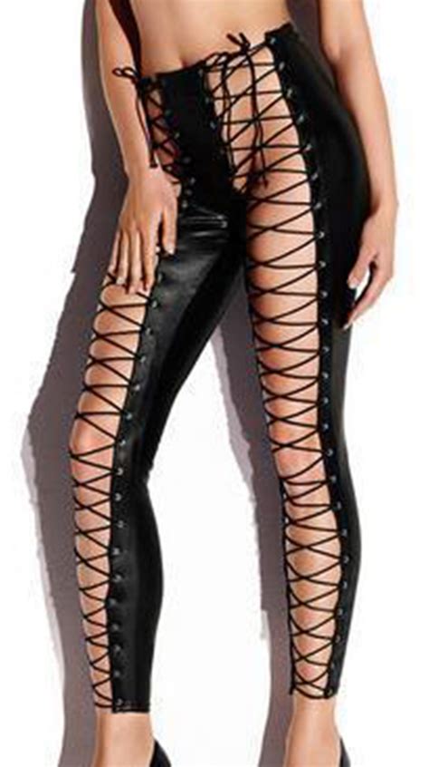 ladies kourtney lace  black faux leather leggings uk medium   ebay