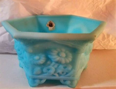 Fenton Blue Satin Milk Glass 6 Sided Planter Hexagon Footed Vase Bowl