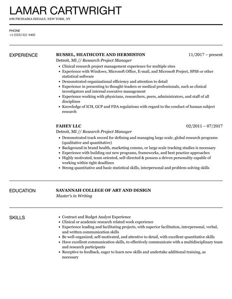 research project manager resume samples velvet jobs