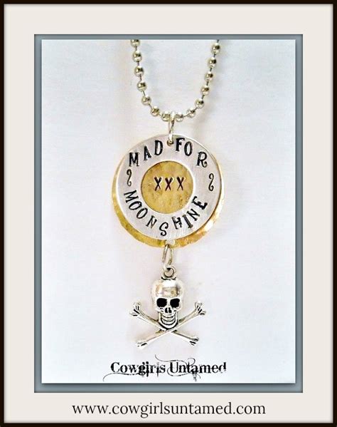 country cowgirl mad for moonshine pendant with skull n crossbones silver ball chain western