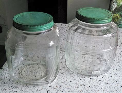 Vintage Glass Barrel Type Jar For Your Primive Kitchen W Green Metal