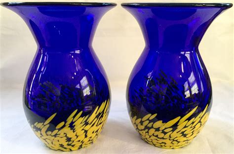 Murano Style Vase Pair Blue Blown Glass Art Glass Cobalt Blue Etsy