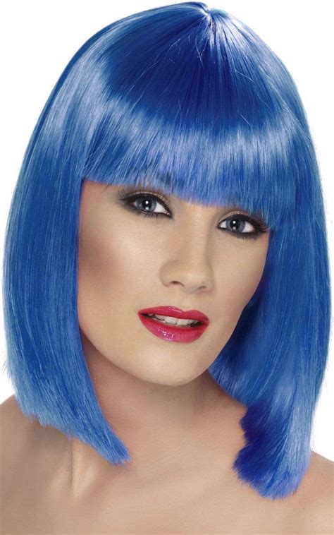 womens blue bob fancy dress costume wig adults short blue wig