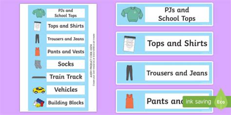 classroom items  kids clothing drawer labels