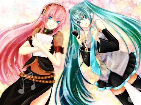 aqua hair hatsune miku headphones megurine luka microphone pink hair