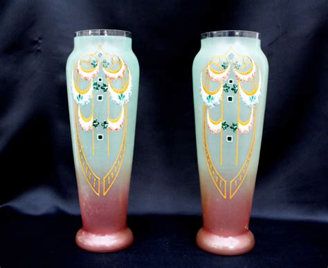 Two Antique Art Nouveau Glass Vases Handpainted Pair Of Art Etsy