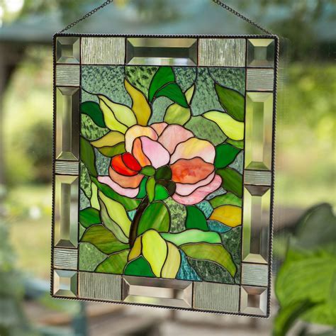 peony flower stained glass window hanging panel glass art stories