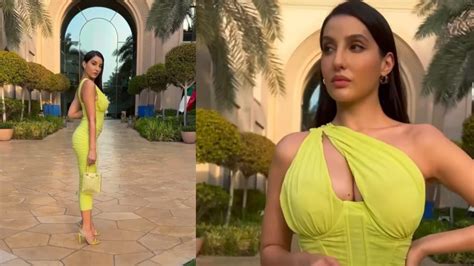 Nora Fatehis Sizzling Hot Looks In Neon Green One Shoulder Bodycon