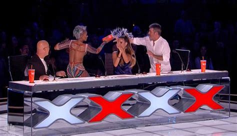 america s got talent mel b throws drink at simon cowell and storms off
