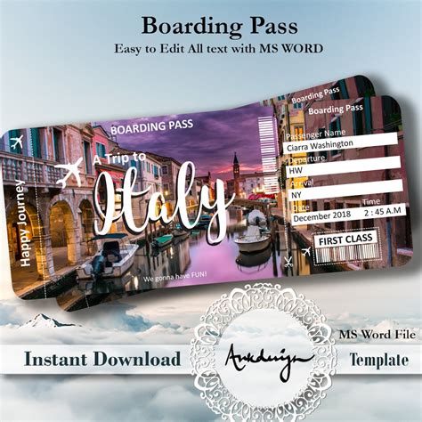 italy ticket airline ticket digital  airplane ticket boarding pass surprise gift