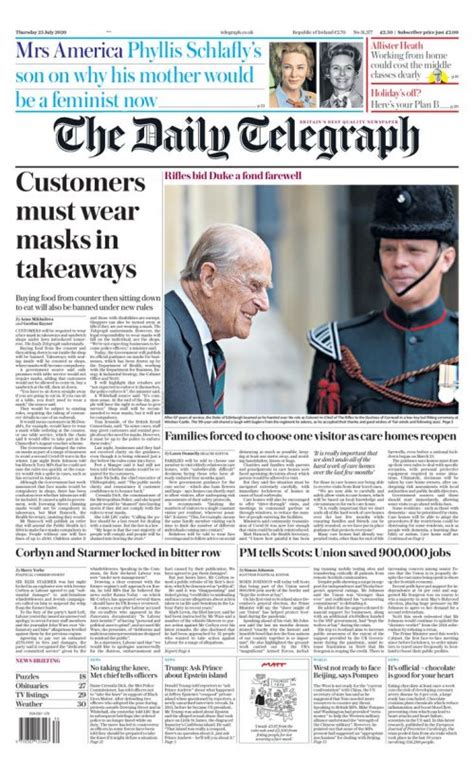 Daily Telegraph Front Page 23rd Of July 2020 Tomorrow S Papers Today