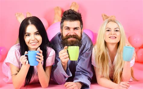 Threesome Relax In Morning With Coffee Lovers Concept Stock Image