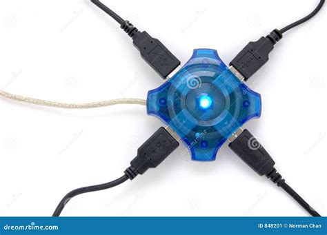 connected usb hub  blue light stock image image  business