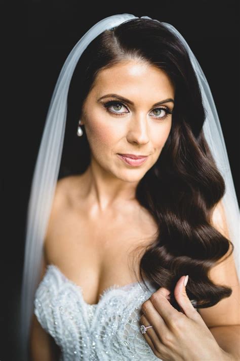 Bride With Hollywood Curls Waves Hair Style And Berta Wedding Dress