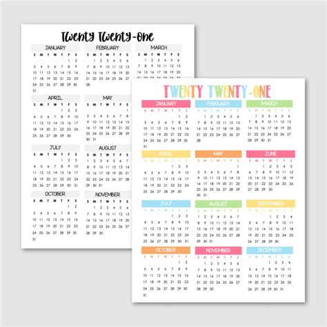 printable year   glance calendar printable templates