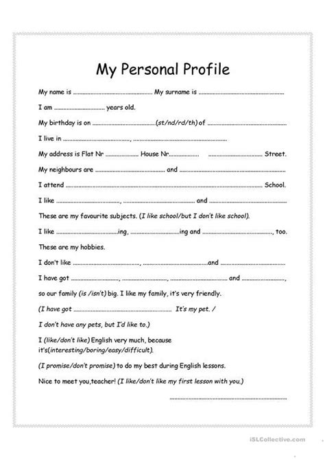 my personal profile english esl worksheets for distance learning and