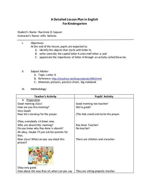 detailed lesson plan  english  kindergarten
