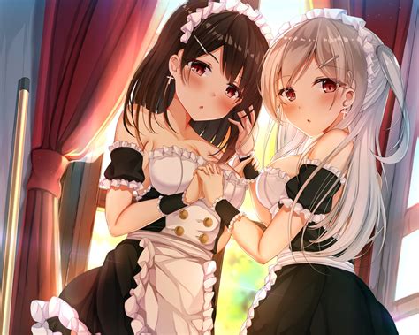 2girls apron blush breasts brown hair cleavage cropped gray hair