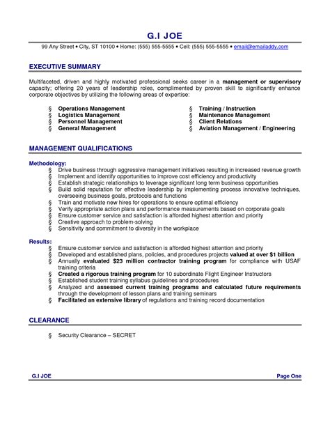 resume examples  executive summary  management qualifications