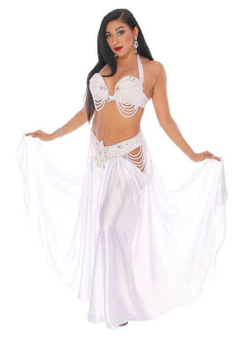 Professional Belly Dance Costume In White Satin At