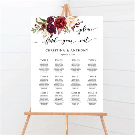 printable seating chart  wedding printable templates