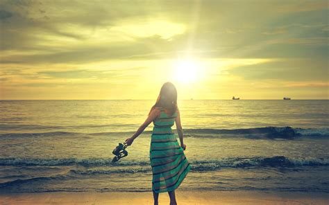 Wallpaper Girl Brunette Dress Sea Sunset Light Beach 2560x1600