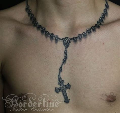 Black And Grey Realistic Cross And Rosary Beads Tattoo Chest Tattoo