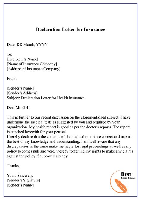 declaration letter  insurance   letter template