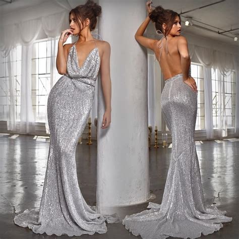Sexy Silver Sequin Mermaid Evening Dresses Halter V Neck Backless