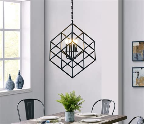 belleze black cage cube geometric pendant  light  metal shade modern industrial candle