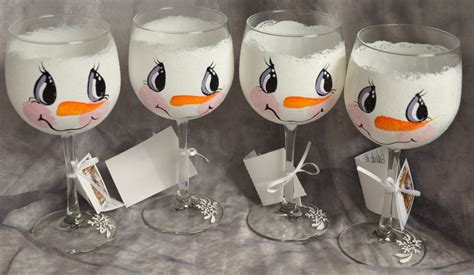 Hand Painted Snowman Face Wine Glasses Set Of 4
