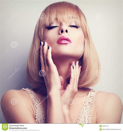 Beautiful Blond Short Hair Style Woman Touching The Hands