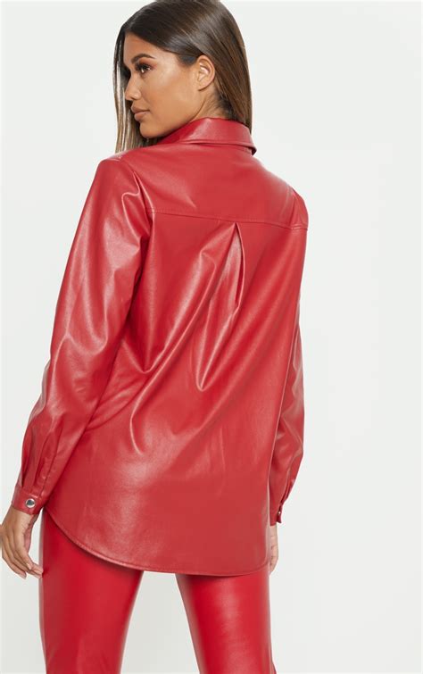 red faux leather shirt tops prettylittlething