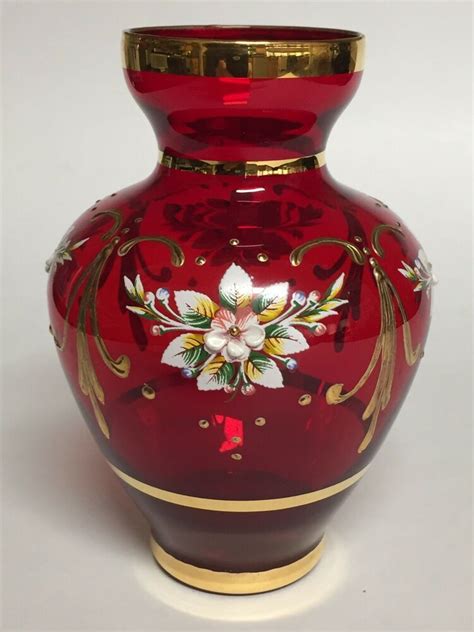 Vintage Ruby Red Glass Vase With Hand Painted Flowers Gold Trim 5
