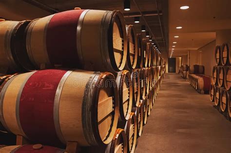 Wine Cellar With Long Row Of Stacked Oak Barrels Stock Image Image Of