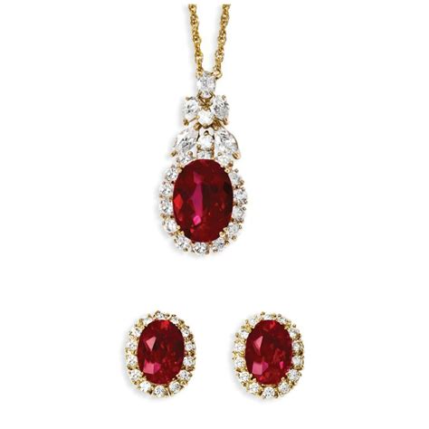 jackie kennedy jewelry set ruby necklace  earrings  certificate
