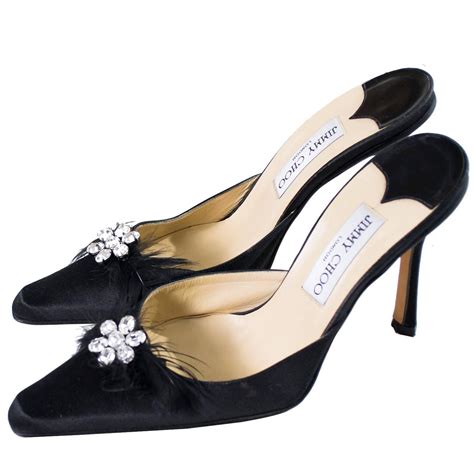 jimmy choo black satin shoes rhinestones feathers heels size   sale  stdibs
