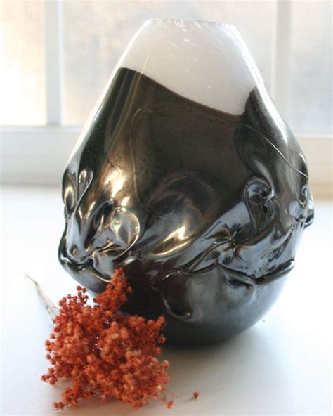 Hand Blown Glass Vase White With Metallic Black Modern Boho Etsy