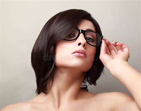 Short Black Hair Woman In Fashion Glasses Stock Image
