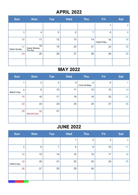 april  june  calendar  holidays  quarters calendar