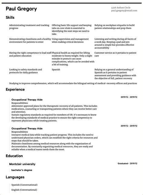 sample occupational therapy resume format resume  gallery