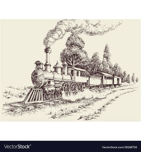 steam train  railways landscape hand drawing