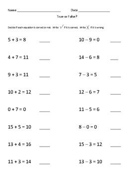 truefalse addition  subtraction equations worksheet  donielle huggins